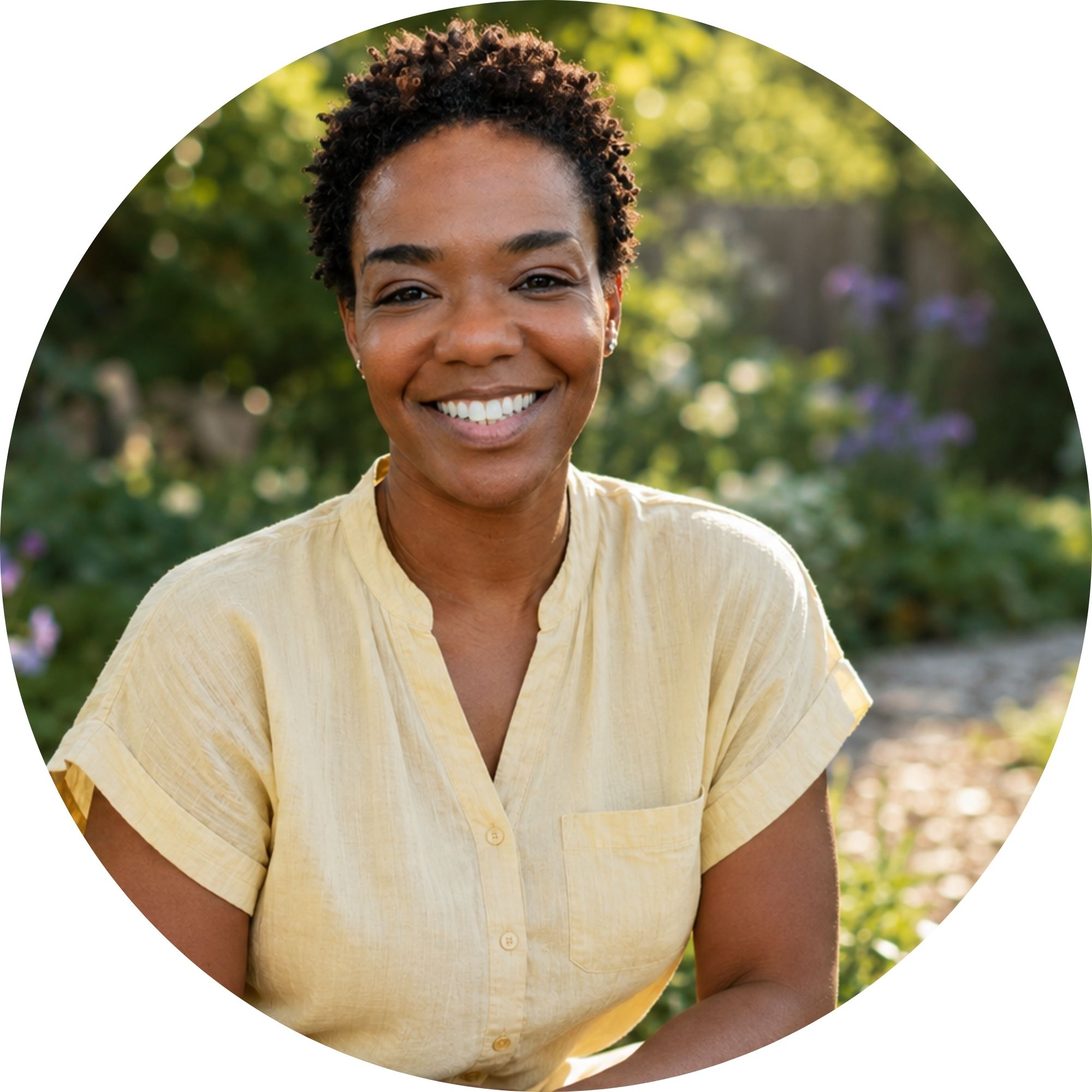 Stephanie Willis, smiling, in a garden