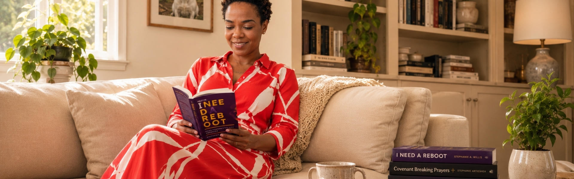Stephanie Willis reading Help Me, I Need a Reboot on her couch, with Dethroning Fatherlessness, Covenant Breaking Prayers, and Reboot for Nonprofits stacked on the table beside her coffee